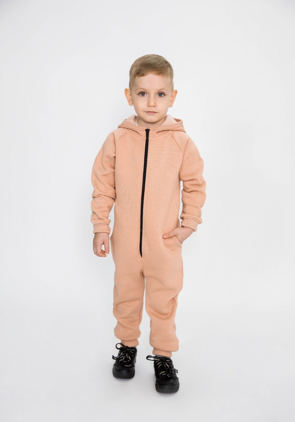 318-К. Комбинезон на молнии с капюшоном,  капучино, хлопок 65%, 35% ПЭ, 3 нитка толстовка (начёс) 86,92,98,104