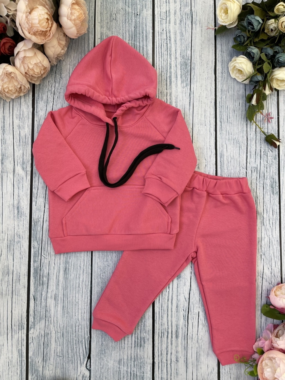 311-М. Свитшот с капюшоном + Штаны, хлопок 65%, 35% ПЭ, 3-х нитка ( без начеса) малина 122,128,134,140